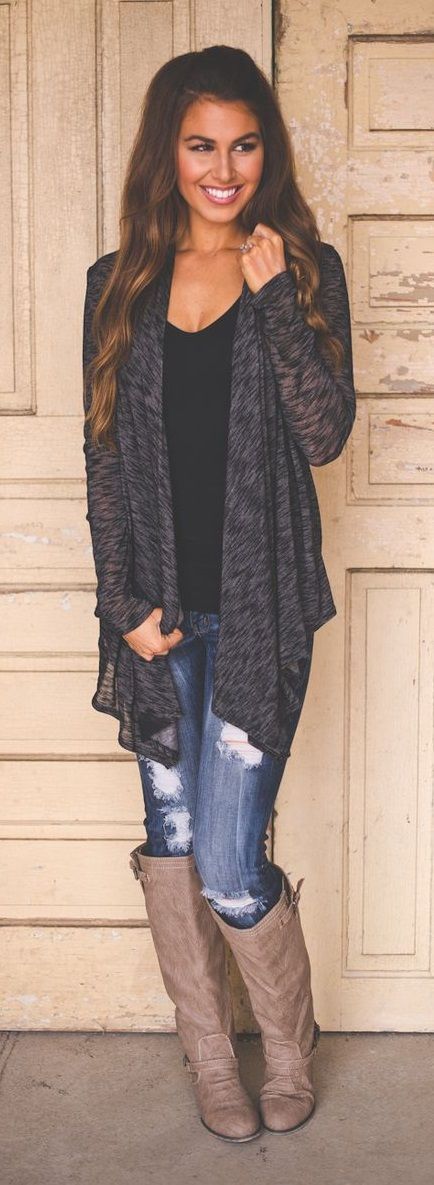 grey cardigan with keen high boots simple look for fall and winter