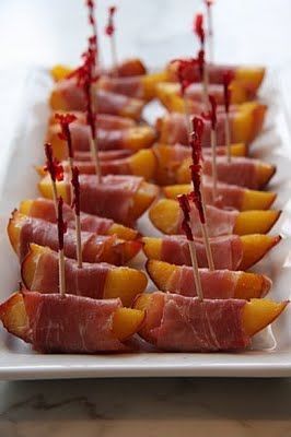 Grilled peaches wrapped in prosciutto.