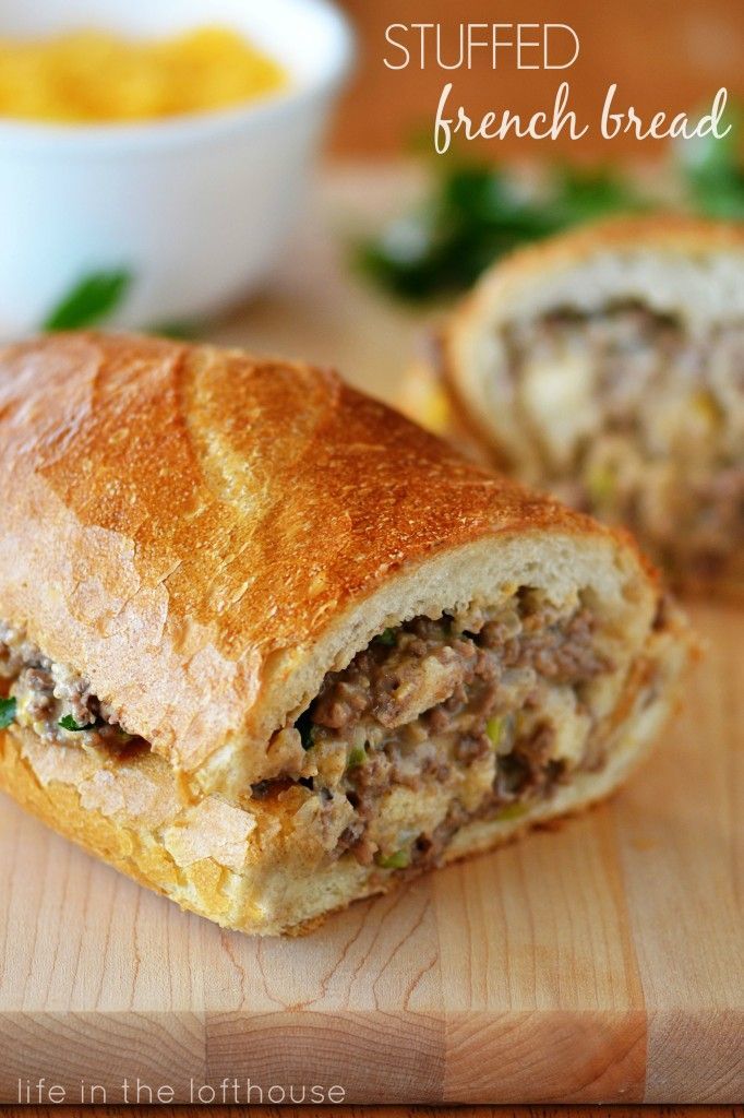 Ground Beef Stuffed French Bread Sandwich – mushroom soup, onion, cheese and seasonings make this almost like a Philly Cheese