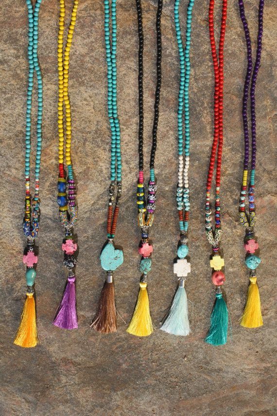 Gypsy Bohemian Tassel Necklace. Boho Hippie Love Beads. Cali Surf, Festival Style. Extra Long Beaded Strand with Silk Tassel.