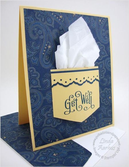 handmade Get Well card … pocket with real kleenex … luv the blue paisley background paper … Stampin Up!