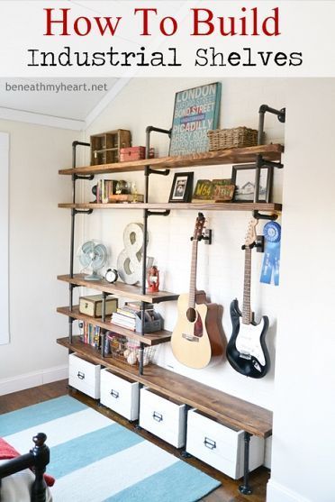 How to Build Industrial Shelves… I love the space to hang the guitars! This would be perfect in my music room.