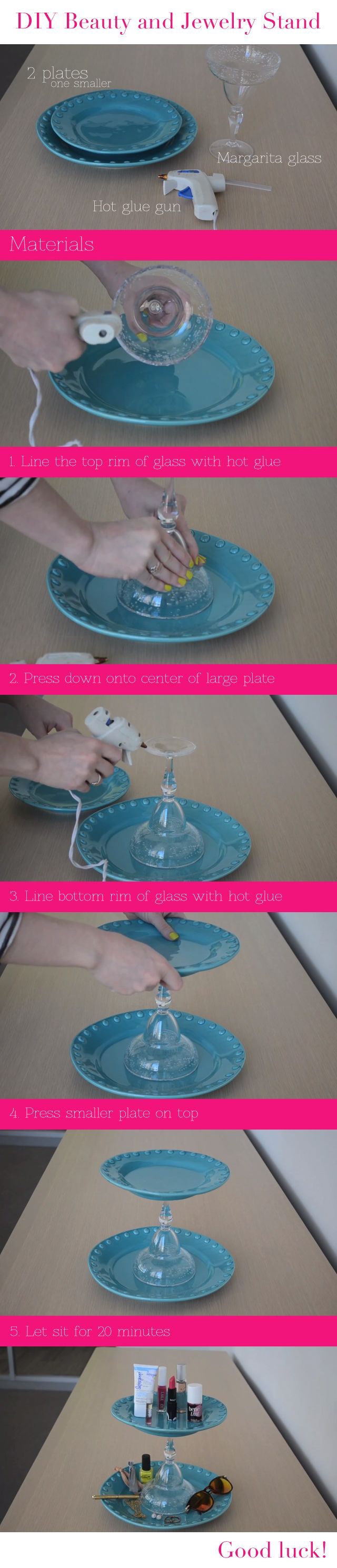 How to create your own makeup or jewelry stand using plates and a margarita glass!