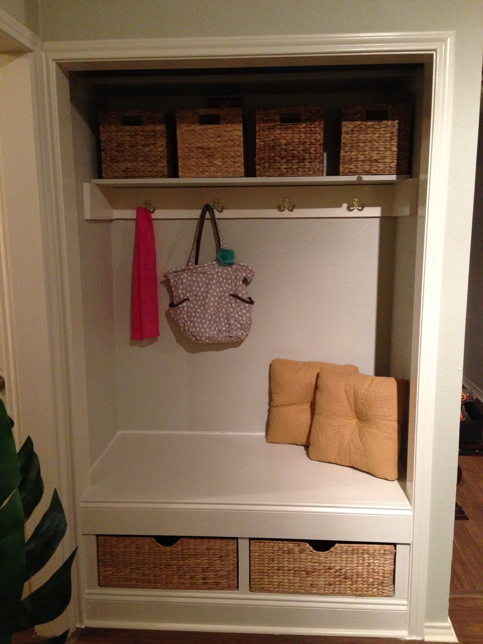 How to Transform a Closet Into a Nook. Maybe this is the solution to those horrible sliding closet doors in the front hallway