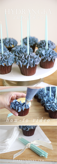 Hydrangea Cupcakes with How-To Video… plus buy supplies on site : brown cupcake papers, piping bag, star tip & candles