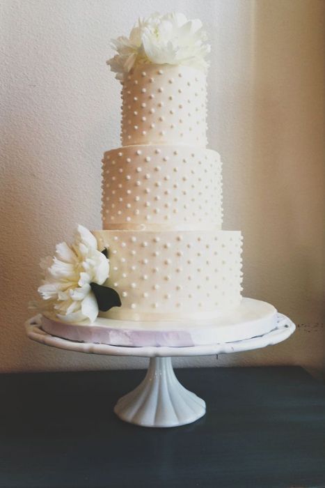 I like a simple wedding cake. You can always add pops of color with the flowers, or have some of the dots in color.