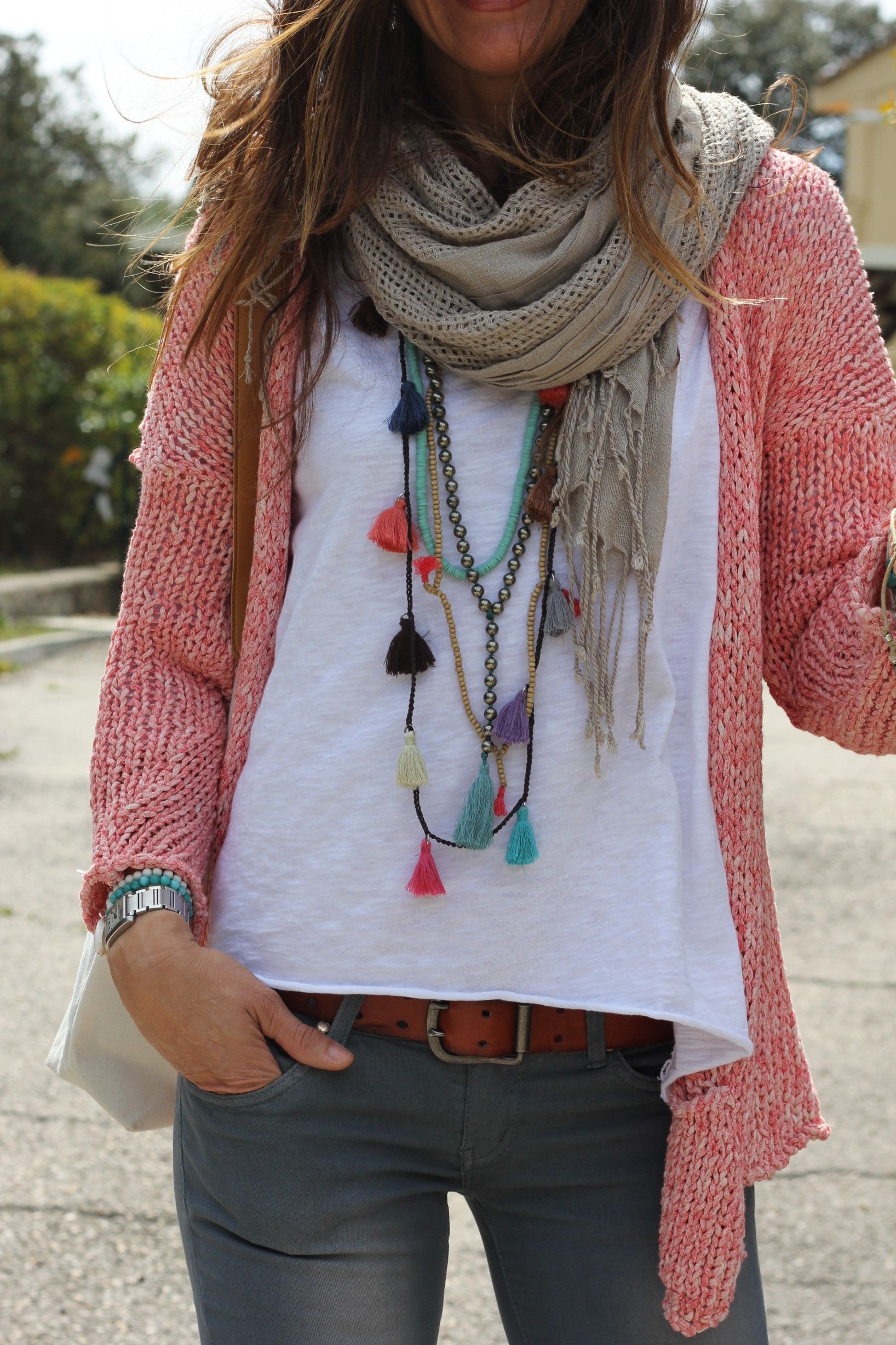 I love the long necklace with the scarf! It just adds a little something to the plain white shirt
