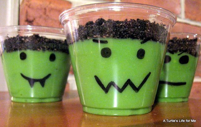 Ive made these before…simple…Draw faces on the cups with a black Sharpie, vanilla pudding and tint it green. Then crush some