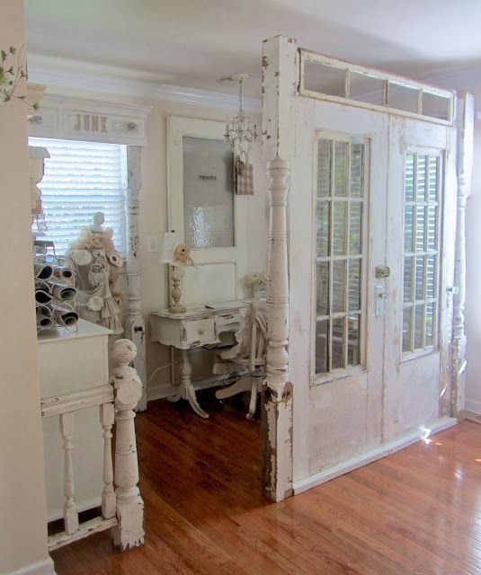 Junk Chic Cottage: When is a Door(s) a Wall? ~ carving out a creative spot using architectural salvage indoors!