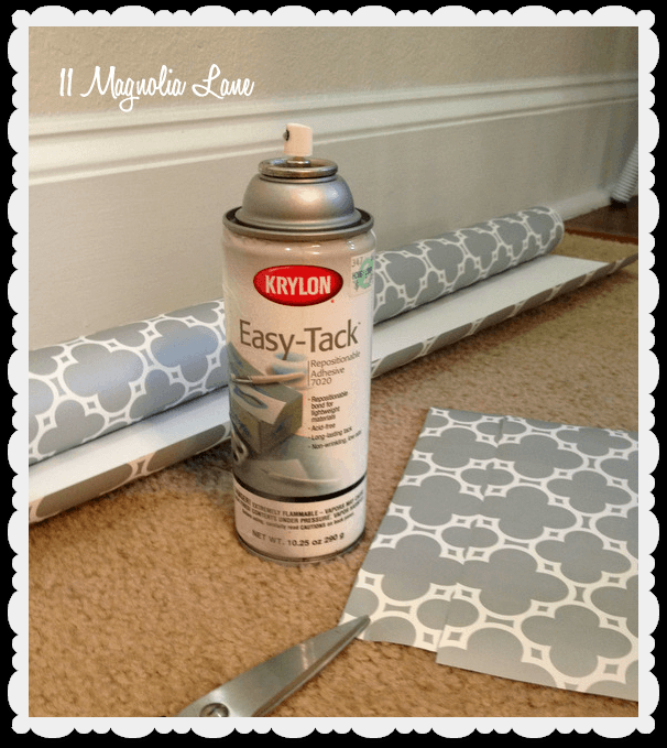 Krylon Easy Tack Spray Adhesive & Wrapping Paper! Decorate cabinet inserts, make nice shelf liners, etc.