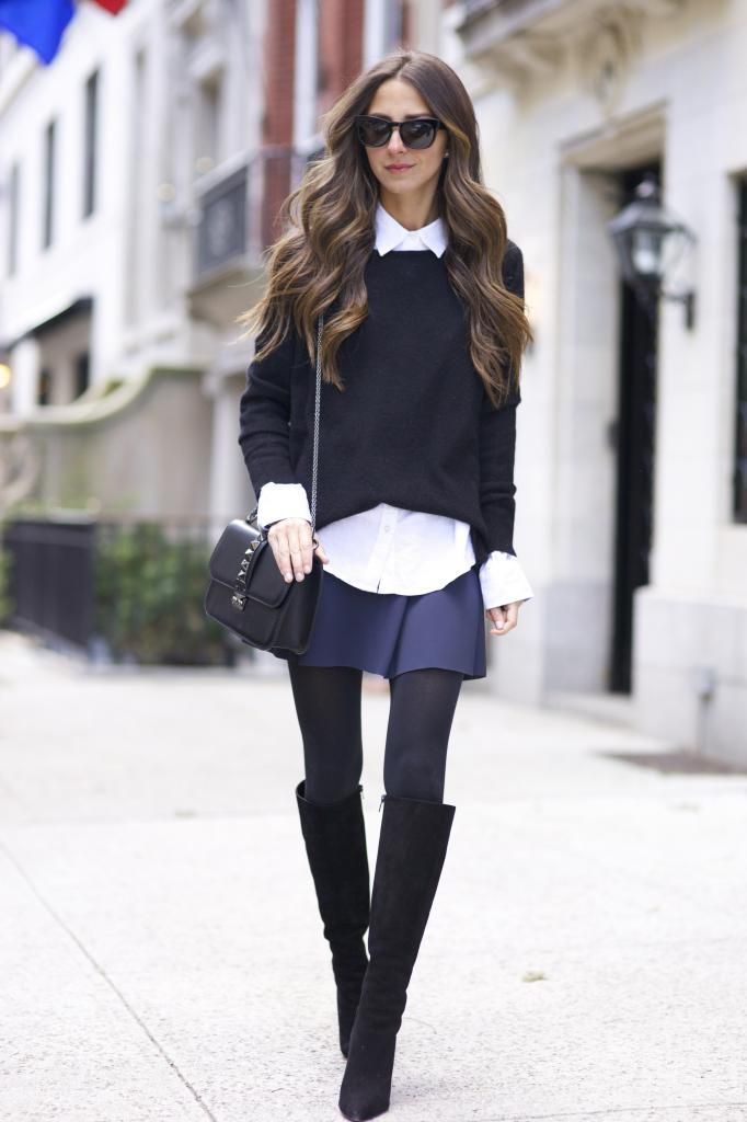 layered and @Valentino Short sweater, white button down, short wool shirt, tights and knee high boots. Felt hat.