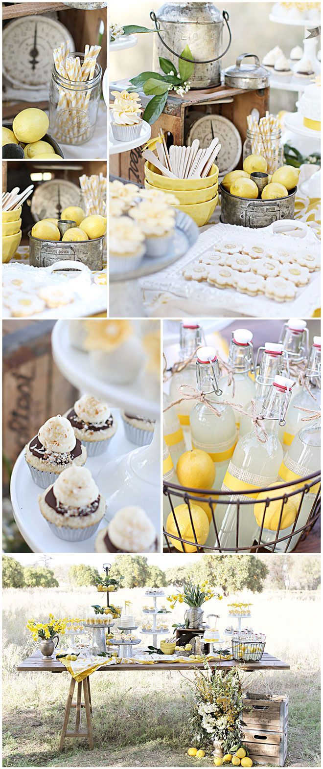 Lemon Garden Party 1 ~  Old farmhouse style furniture, vintage tins, yellow glass and rustic accents.  Tin containers of all