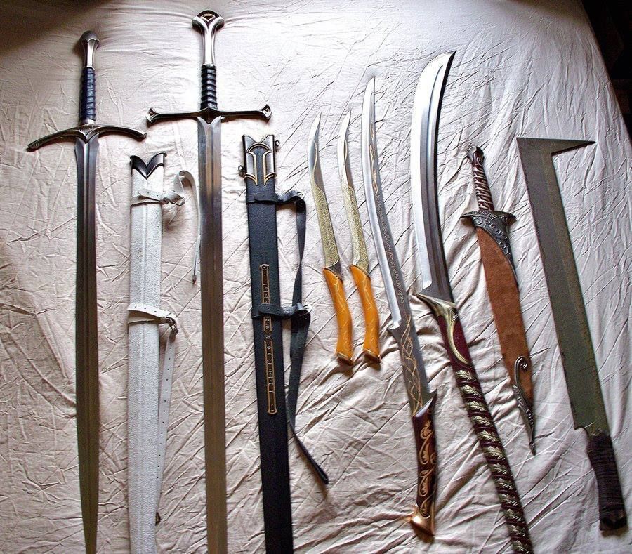 LOTR Blades – Glamdring, Anduril, Legolas hunting knives, Hadhafang, a High Elven sword, Sting, and an Uruk-hai scimitar. So cool.