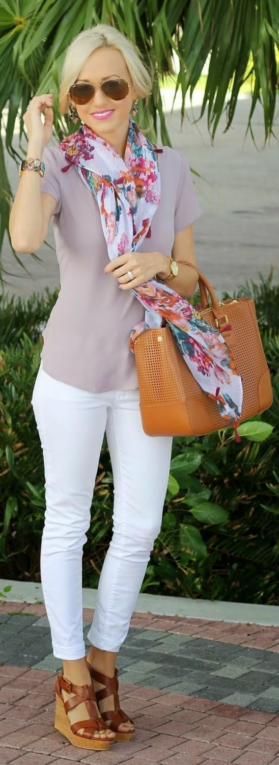 love the scarf (colors/print), paired with the light colored top, and the accessories! Dont know if I could rock the white pant