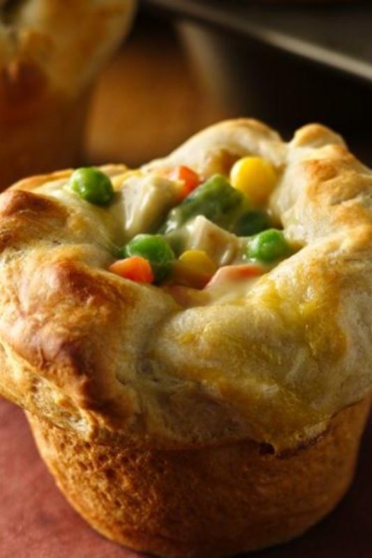 Mini pot pies with just 4 ingredients! Made with cream of mushroom. Took out the chicken and replaced with garbanzo beans and