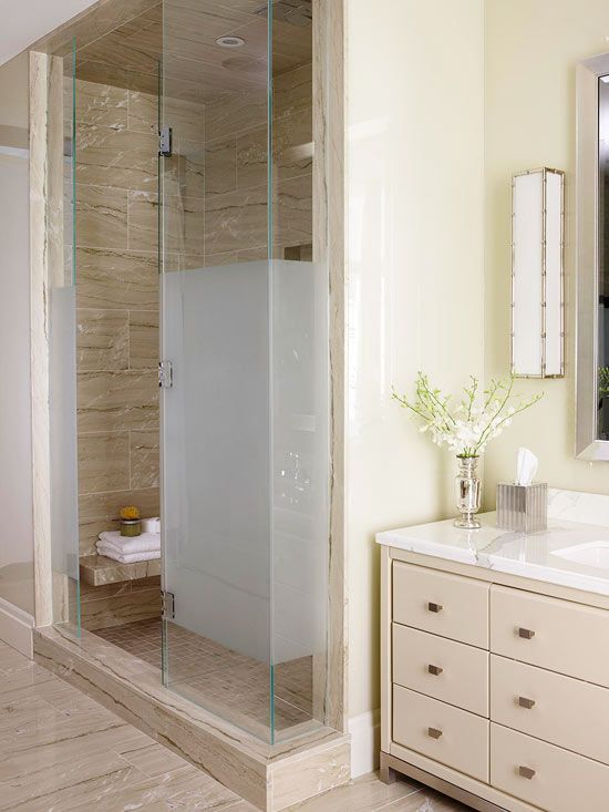 Mixing Styles: Privacy, Please.  A narrow hallway that opens up to the main portion of the bathroom houses the shower and water