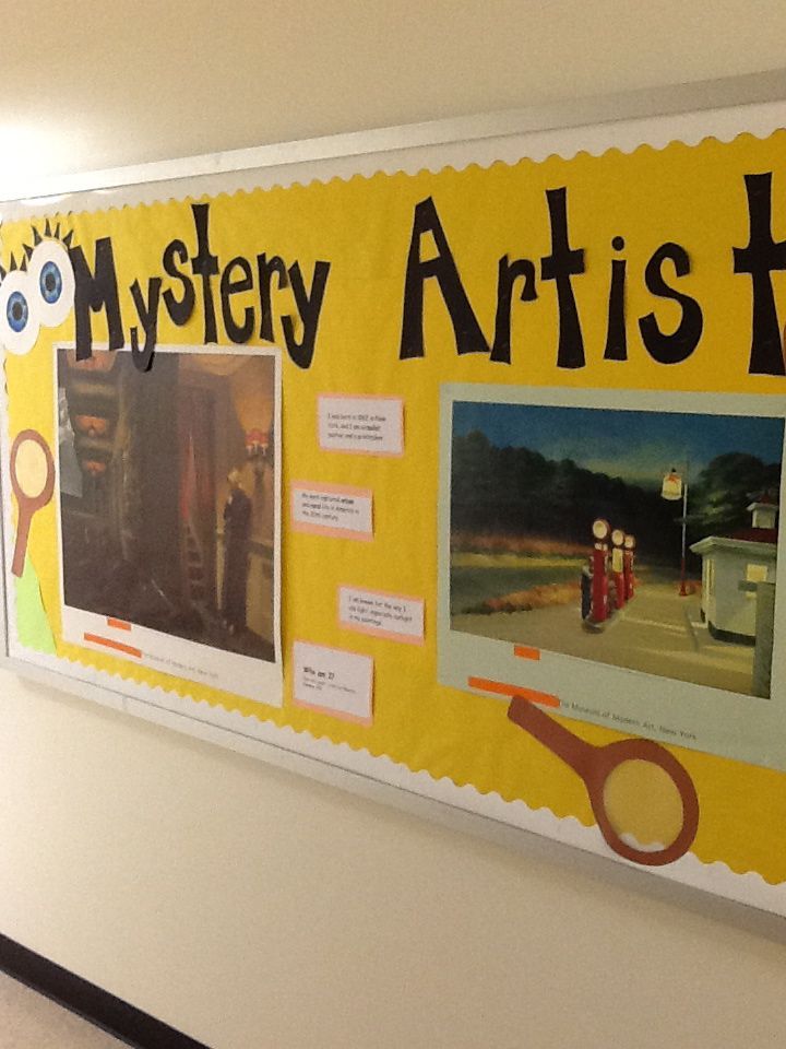 “Mystery Artist Bulletin board”. (Elementary) Every month there is a new mystery artist with a few of their works and clues about