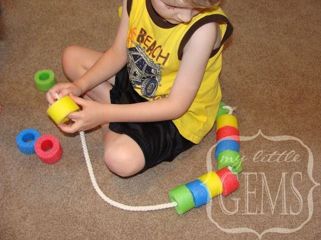 NOODLE LACING:( good for a rainy day for 2-6 year olds) Use pool-noodles to make water Noodle Snakes or necklaces