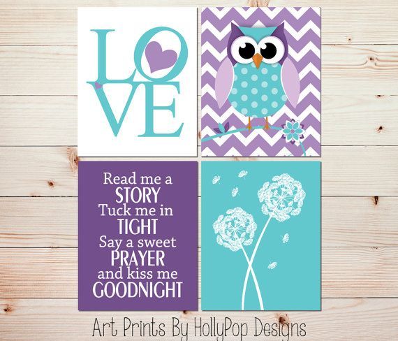 Nursery Decor-Toddler Girls Room-Purple Aqua Wall art-Dandelion Botanical Print-Woodland Owl Nursery Print-Ready Me A Story-LOVE