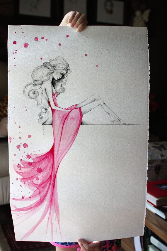 Original OOAK Watercolor & Pencil Drawing Pink by ABitofWhimsyArt, $300.00