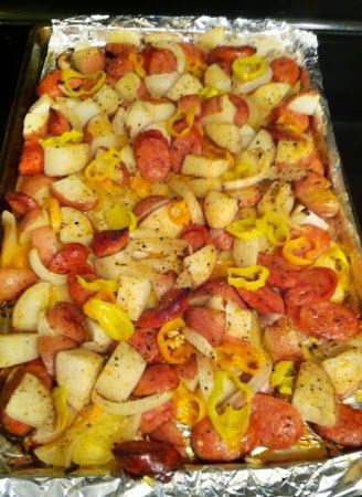 oven-roasted sausages, potatoes, and peppers – with actual recipe.    Ihave made this many times useing red,green,yellow sweet
