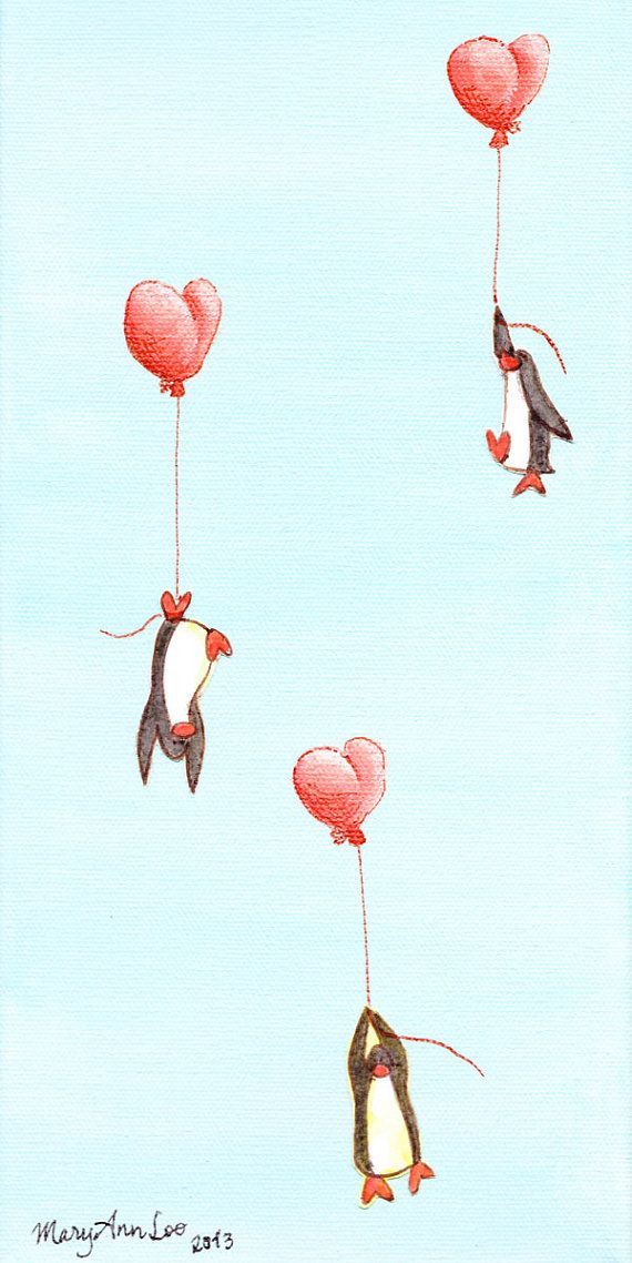 painting 3 penguins rising with balloons by orangefloatinghearts, $100.00