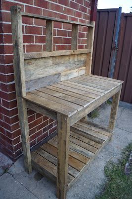 Pallet potting table. Put lattice or chicken wire on the back so plants can attach themselves and grow up it.