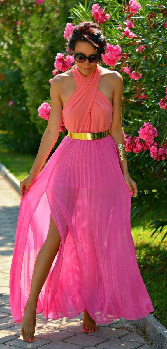 Pink Pleated Maxi Skirt With Gold Belt