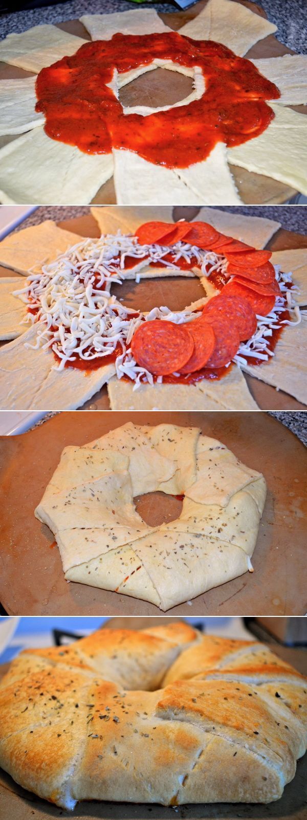 Pizza Ring made with Pillsbury Crescent Roll dough. Great appetizer for any party! And especially easy-looking to make if youre