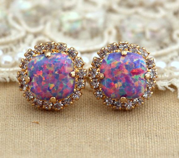Purple violet  Opal Stud earrings Swarovski Crystal earring bridesmaid jewelry Gift for woman thick Gold plated rhinestone