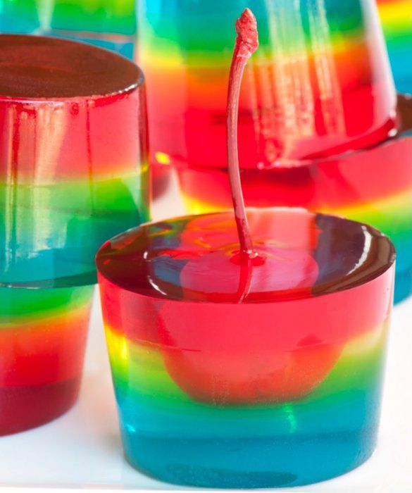 Rainbow Jell-O Shooters-There are actually only three colors of (vodka-infused) Jell-O in this adult-only treat: red, yellow and