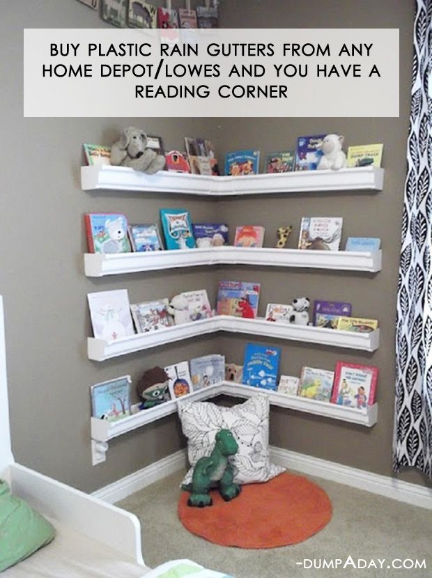 Reading corner made from vinyl rain gutters. Need this, so many books!