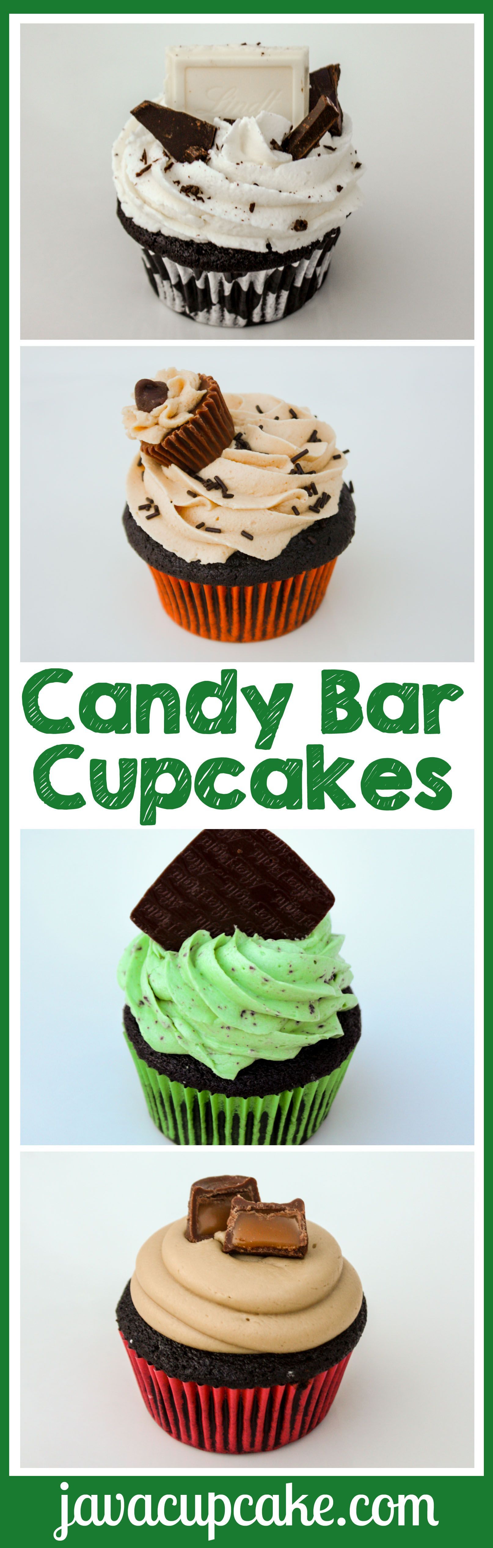 Rich dark chocolate cupcakes made into four very different, extremely delectable, incredibly delicious candy bar-inspired