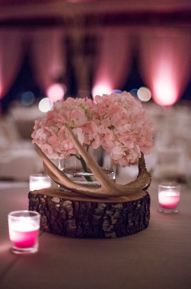 Rustic Wedding Centerpiece | Pale Pink Hydrangeas | Deer Antler Centerpiece | Wood Slab | Rustic Chic Wedding