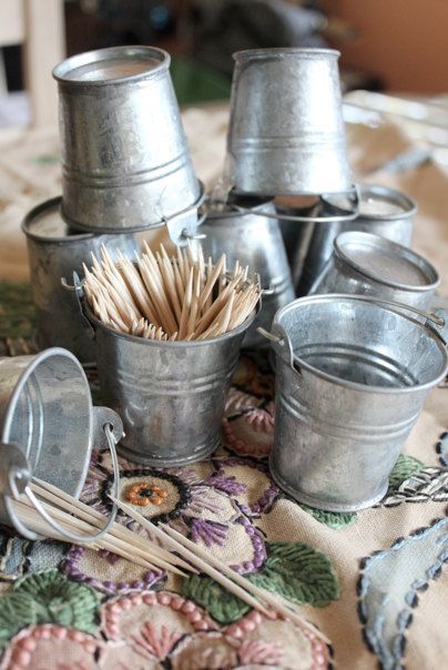 Set of 100 Adorable Rustic Primitive Style Silver Mini Tin Pails / Buckets- For wedding and party favors, candles, and more.