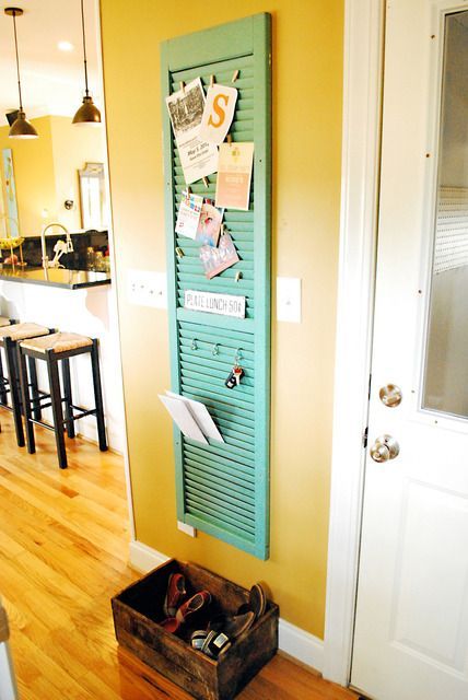 shutter for kitchen – clothespins for invites and hooks for keys! i like this look. the shoe box too.  This is great, Ill be on
