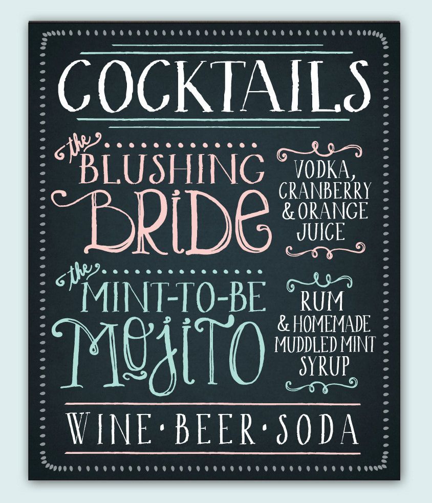 signature drinks chalkboard – Google Search. Groom picks the coctails– a detail he can actually get into (unlike table linens