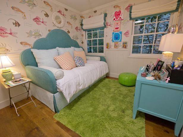 Small Space, Big on Color  Just 10 x 10, this whimsical girls room was previously the home office. Mom and designer Kathleen