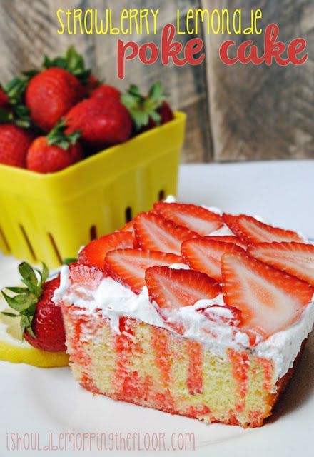 Strawberry Lemonade Jell-o Poke Cake: the perfect summer dessert. Uses an easy box mix as the base…with lots of yummy flavors