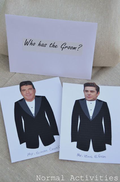 Taped to the bottom of each guests chair was an envelope that said “who has the groom?”  Inside the envelopes was a print out of a