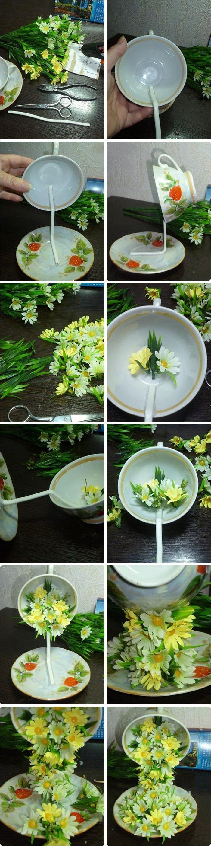Tea Cup Floral Cascade ~ step by step tutorial on how to create the illusion of flowers spilling into a saucer from a “floating”