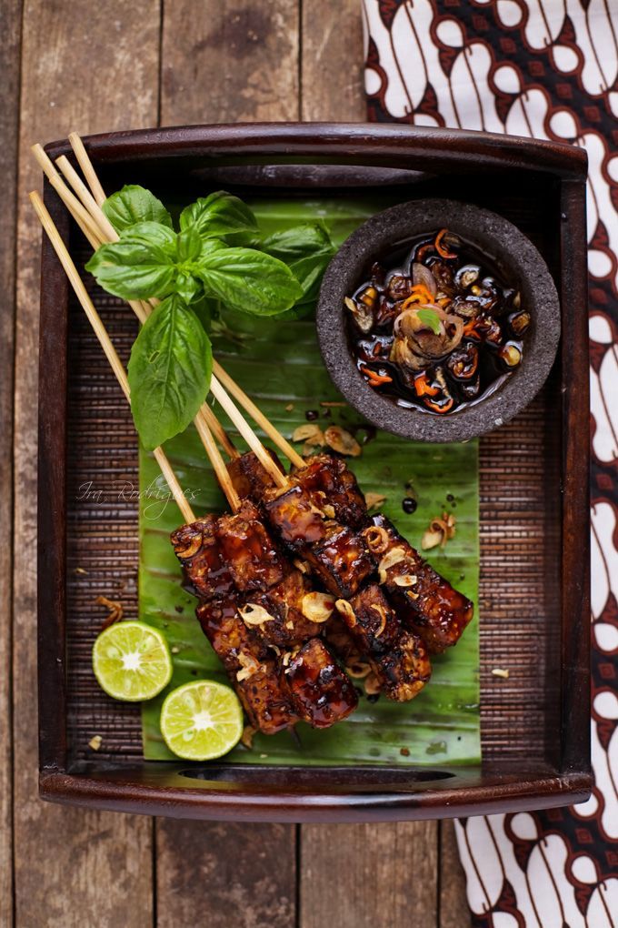 Tempeh skewers (sate tempe), Indonesian – tempeh is fermented soy in a cake form, usually sliced thinly and served with spicy