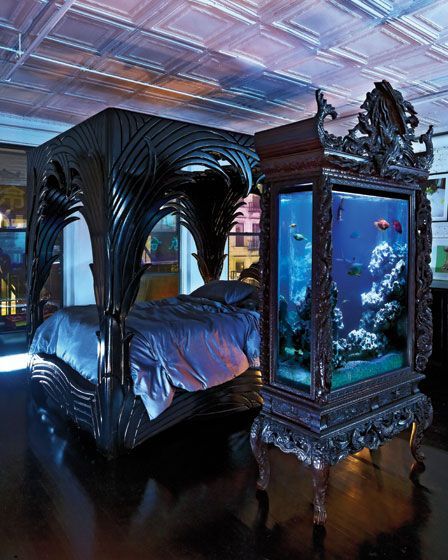 The Sleeping Space   Though partyers are welcome to lounge on the Phyllis Morris bed, the fish tank acts as a transparent divider