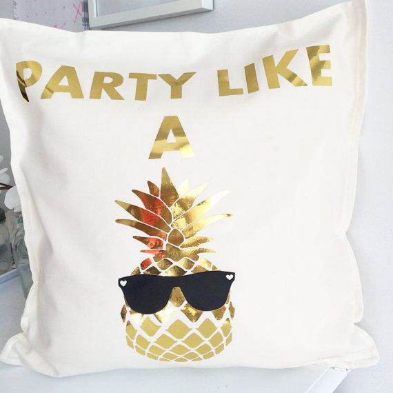 This pillow is the definition of fun!!! gold metallic pineapple with black sunglasses is heat transfer material on 100% cotton