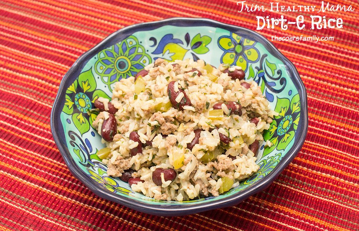 Trim Healthy Mama Dirt-E Rice is made with brown rice, lean ground turkey, red beans and veggies for a yummy Cajun flavored E