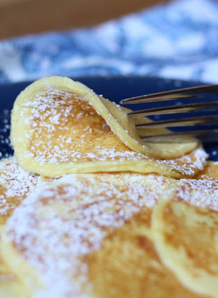 Two ingredient Cream Cheese Pancakes (cream cheese + egg).  They look delicate and delicious!