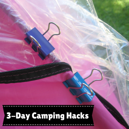 Use binder clips to secure tarp/tent to poles