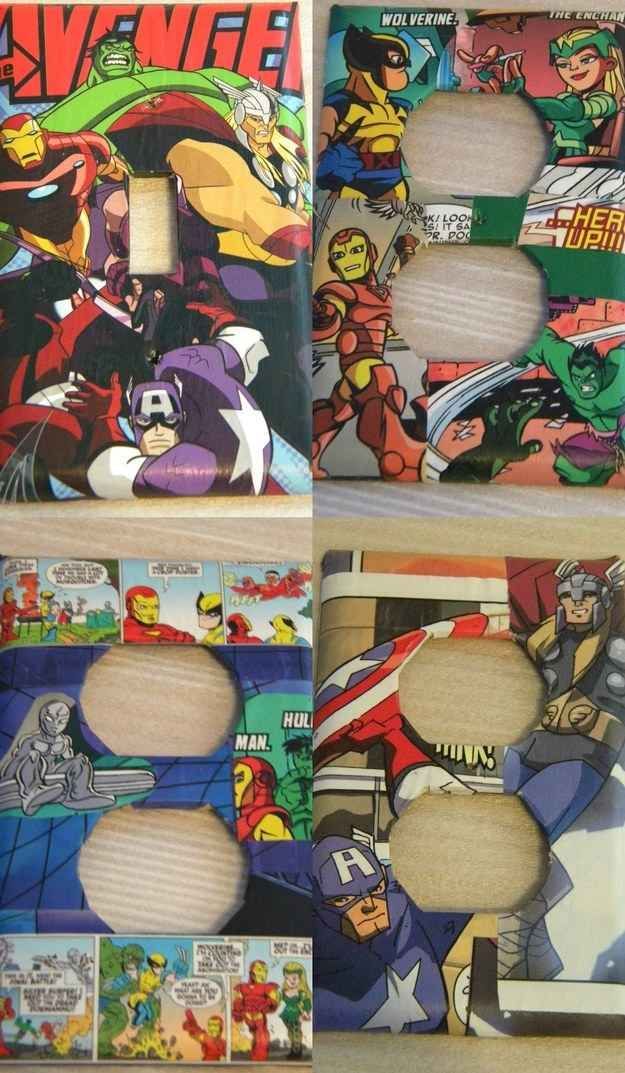 Use old comic books to cover light switches and outlets. Again, could be used for other themes!