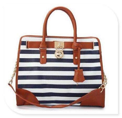 #WhatSheWants #CelebrateWith The More Michael Kors Striped Lock Large Navy Totes You Buy, The More Discounts You Will Get!