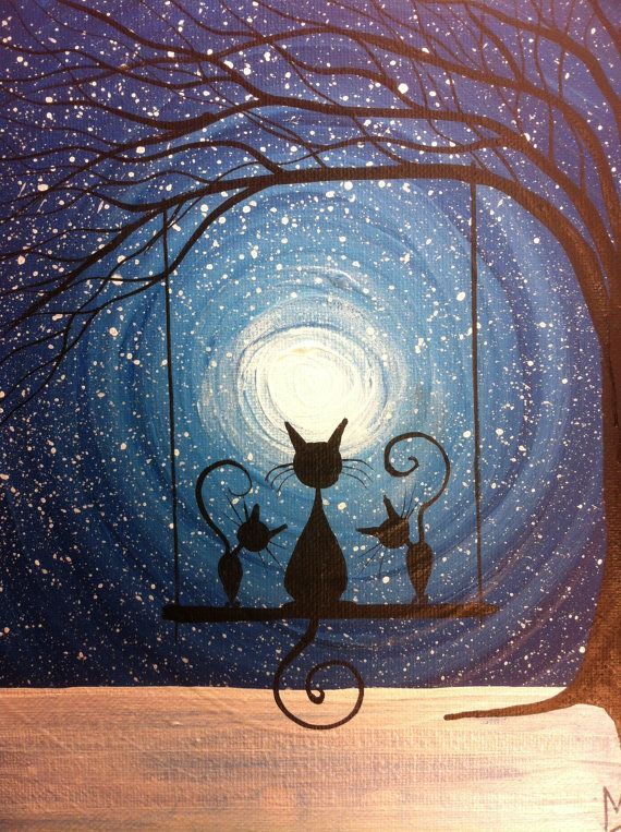Whimsical kitty cat silhouette art – Cats on a swing painting Waiting for the Magic10 by MichaelHProsper